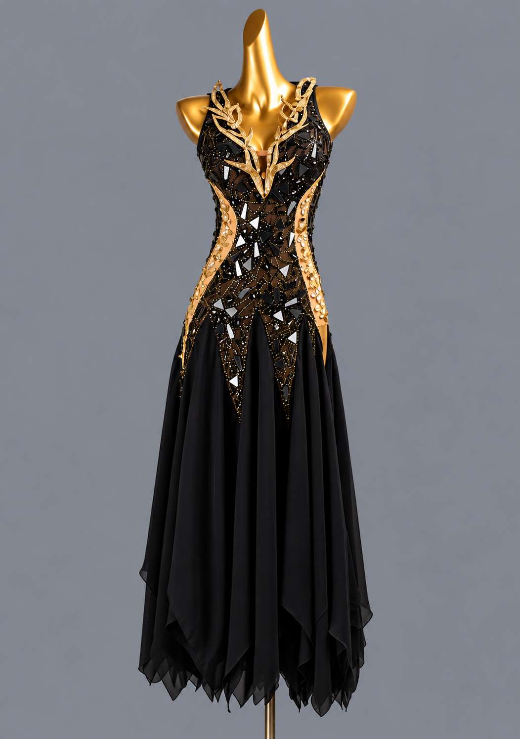 Custom Sparkly Green & Gold American Smooth Dress Crystal Leaves Ballroom Dance Gown