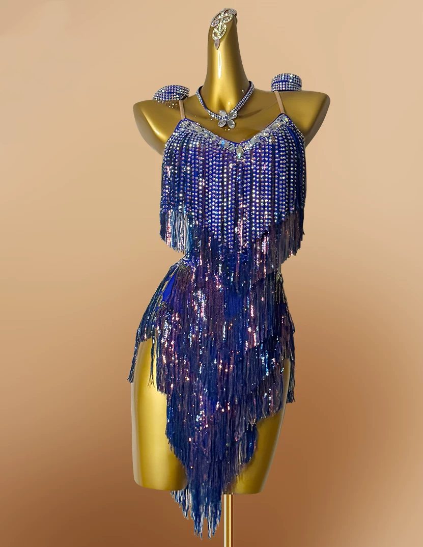 Custom Blue & Purple Sequin Latin Dance Dress Rhinestone Salsa Gown
