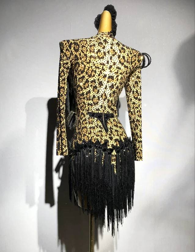 Custom Leopard Latin Dance Dress Black Fringe Salsa Competition Costume