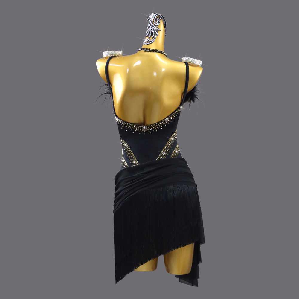 Black Feather Latin Dance Fringe Dresses for Women Girls Gold Stones Salsa Rumba Chacha Contest Show Costume Solo Dance Outfits for Female