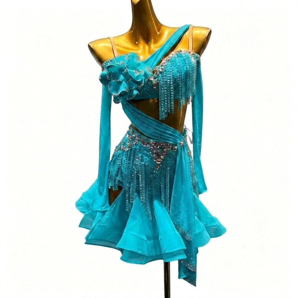 Custom Size Turquoise Fuchsia Latin Dance Dress Bling Tassel Slant Neck Blackpool Competition Costume