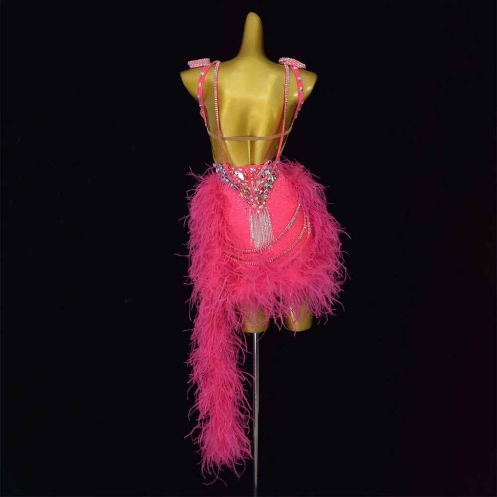 Custom Size Coral Pink Feather Competition Latin Dance Dress Blackpool Dancing Costume