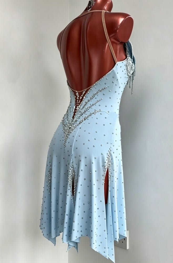 Custom Orange Sparkling Crystals Latin Competition Dress Salsa Dance Gown