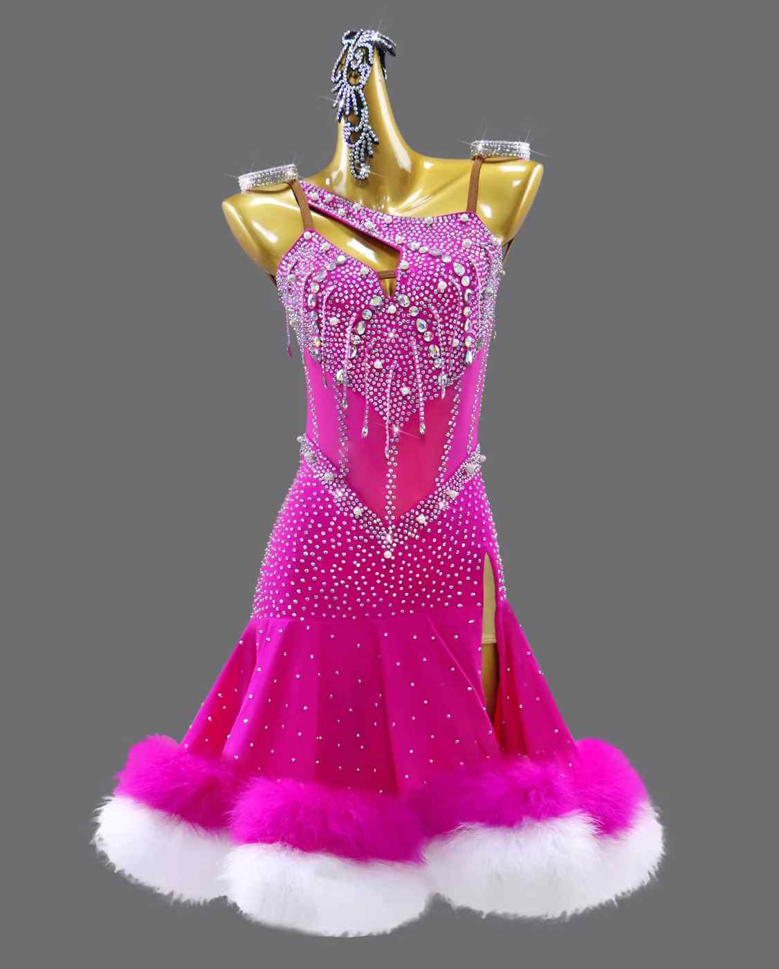 Custom Size Fuchsia Competition Latin Dance Dress Feather Slant Neck Salsa Chacha Costumes