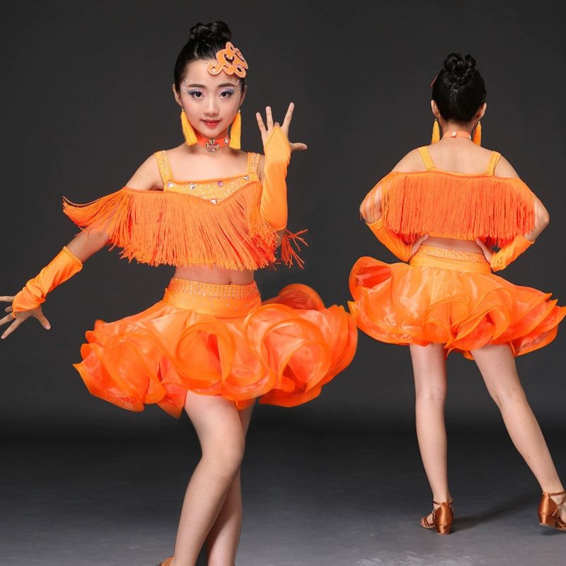 Girls orange pink blue Tassel Latin dance dresses children ballroom salsa rumba chacha performance dress modern dance performance outfits - Moderndancedress.com