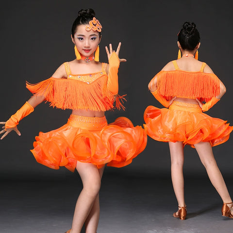 Girls orange pink blue Tassel Latin dance dresses children ballroom salsa rumba chacha performance dress modern dance performance outfits - Moderndancedress.com
