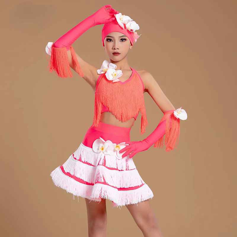 Coral Fringe Competition Latin Dance Dresses for Girls Kids Salsa Rumba Chacha Pleated Skirt Party Dress Performance Modern Dance Outfits for Kids - Moderndancedress.com