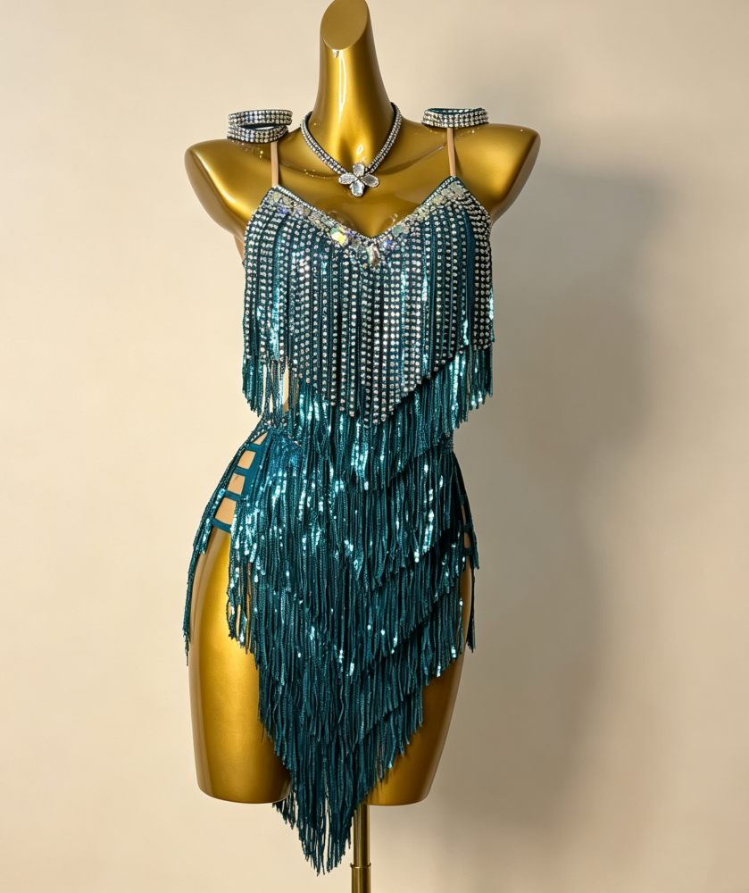 Custom Blue Latin Dance Dress with Sequin Fringe Rhinestone Salsa Samba Competition Outfit
