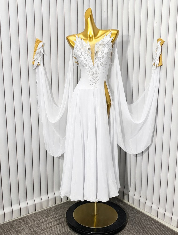 Custom Blue American Smooth Ballroom Dance Dress with Floating Sleeves | Crystal Gown