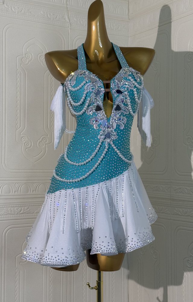 Custom Size Turquoise Blue Competition Latin Dance Dresses for Women Girls Ballroom Salsa Chacha Latin Costumes