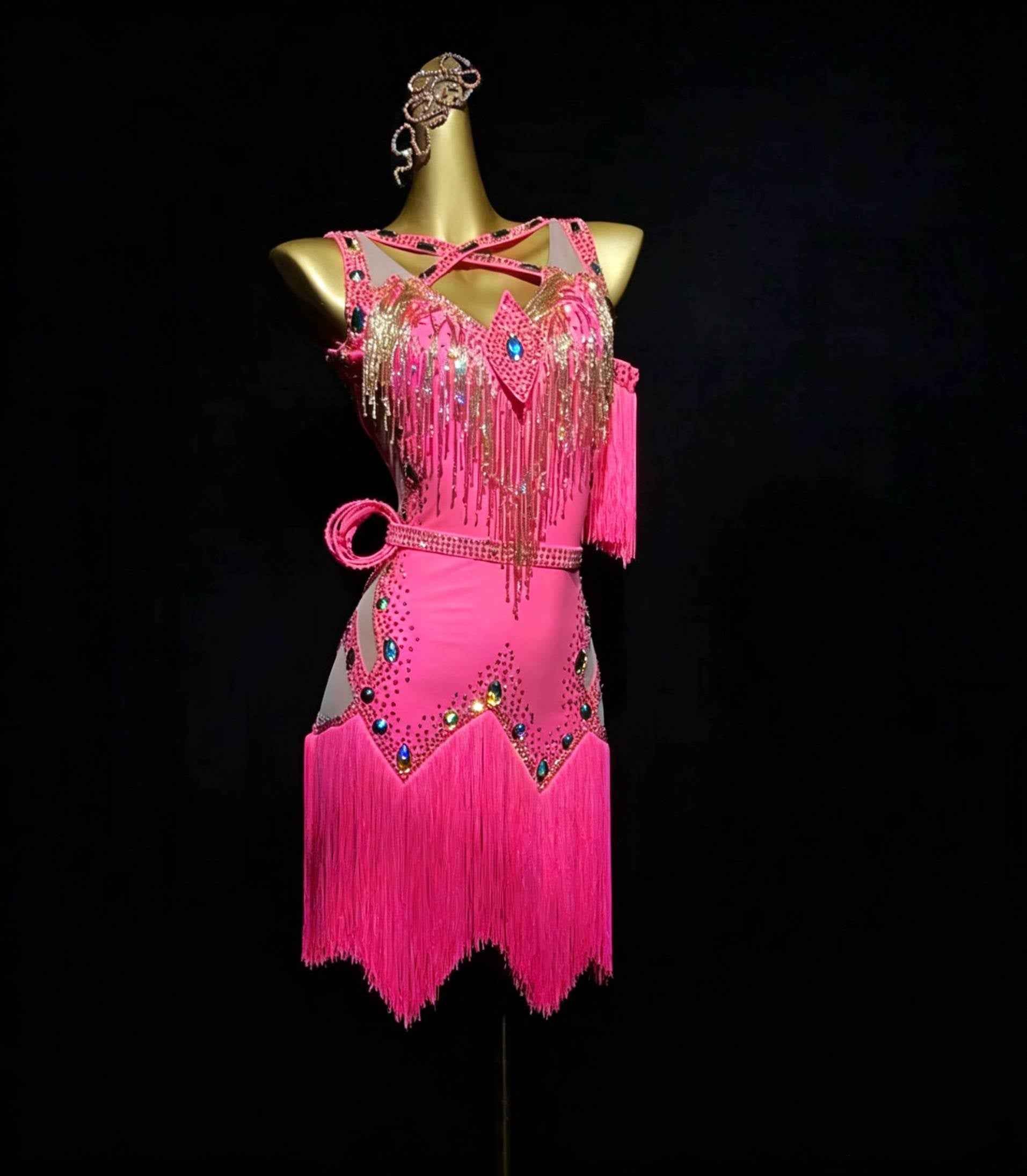 Custom Size Fuchsia Competition Latin Dance Dress Bling Fringe Salsa Chacha Blackpool Dance Costume for Girl