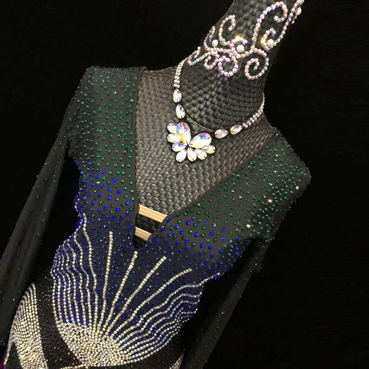 Purple & Royal Blue Latin Dance Dress - Rhinestone Geometric Fringe Competition Costume