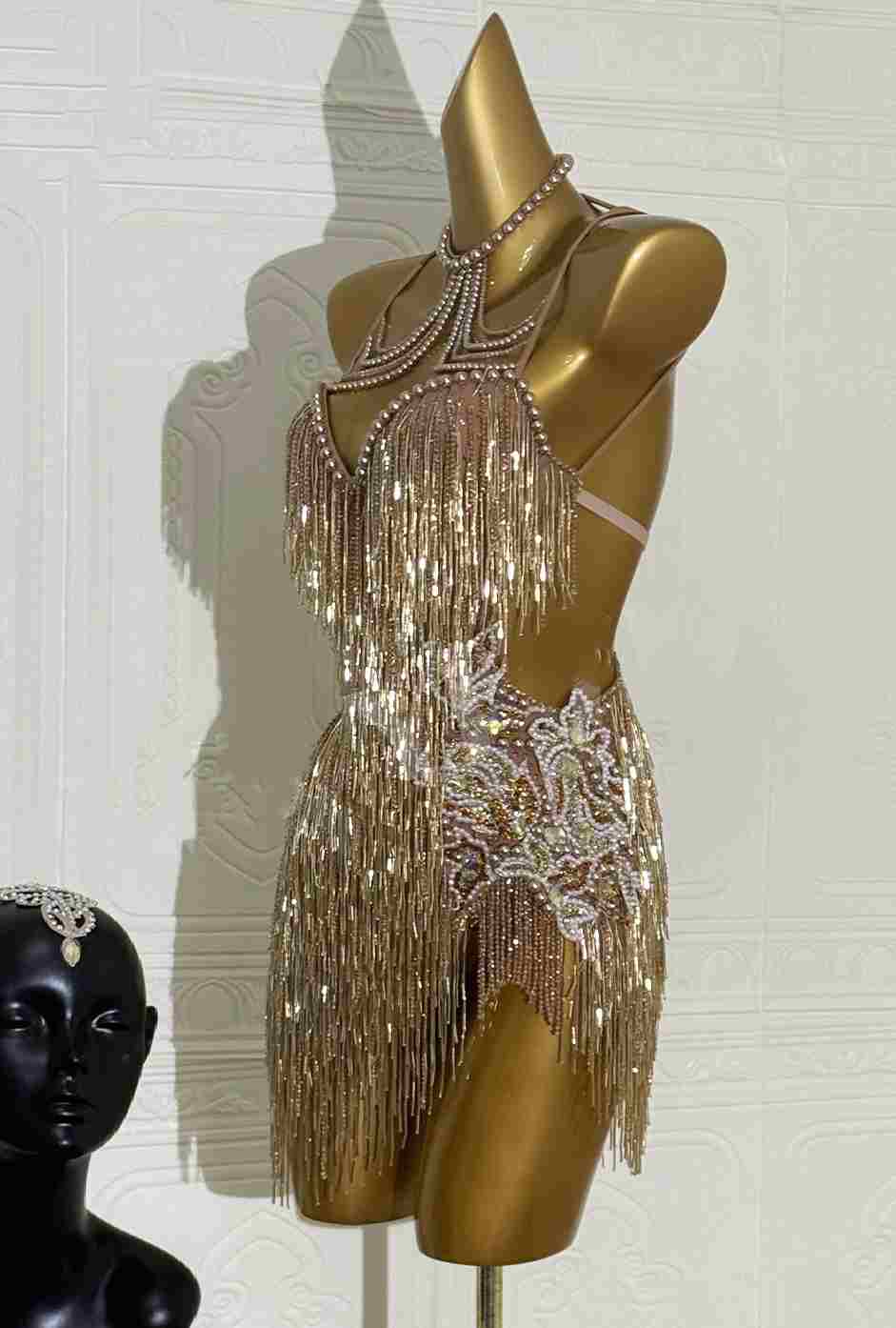 Custom Size Gold Fringe Women's Latin Dance Dress Salsa Chacha Bling Costumes