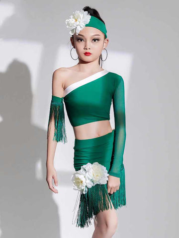 One Shoulder Slant Neck Latin Dance Dresses for Kids Girls Dark Green Blue Flowers Long Sleeves Salsa Rumba Chacha Tassels Performance Clothes - Moderndancedress.com