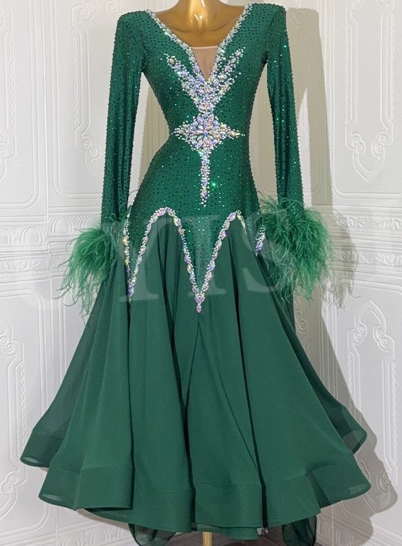 Custom Size Dark Green Competition Ballroom Dance Dresses Feather Diamond Waltz Tango Performance Long Gown