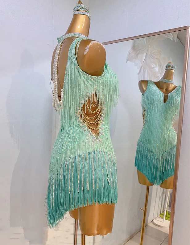 Custom Size Green Blue Fringe Competition Latin Dance Dresses for Women Girls Salsa Rumba Cha Cha Dance Costumes