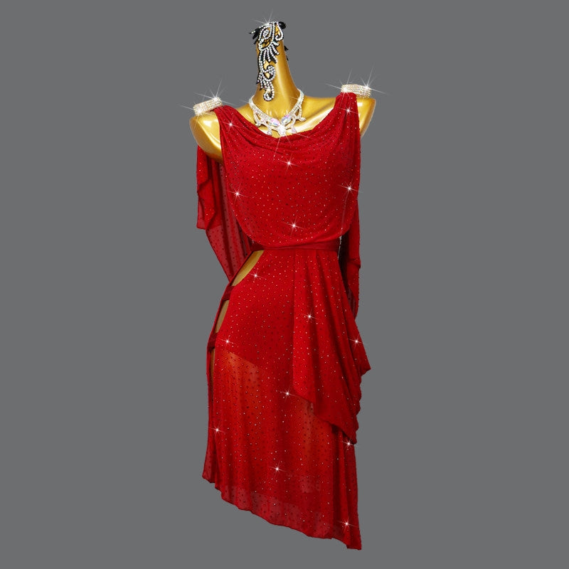 Custom Size Royal Blue Latin Dance Dress Sparkly Crystal Draped Ballroom Outfit