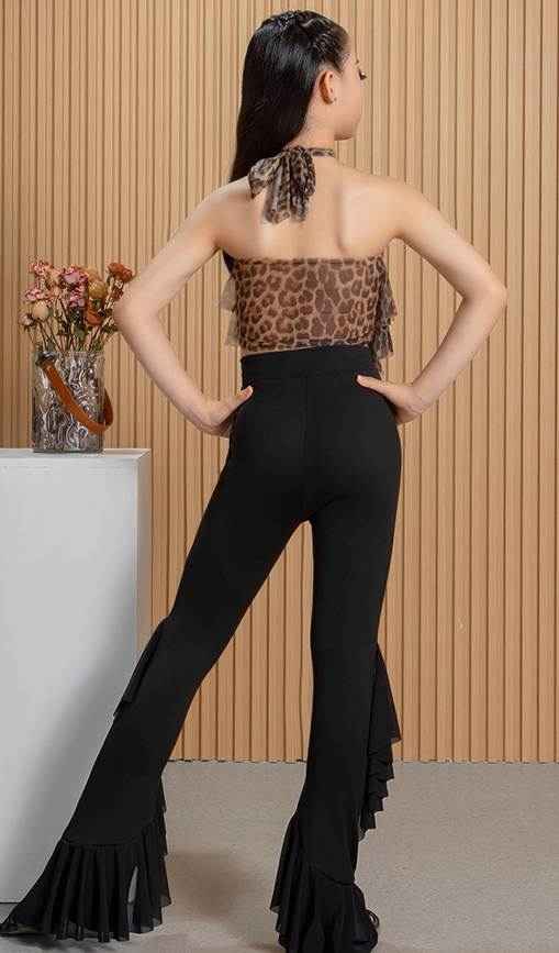Girls Latin Dance Costumes Kids Leopard Ruffles Salsa Rumba Chacha Performance Clothes Tops and Pants