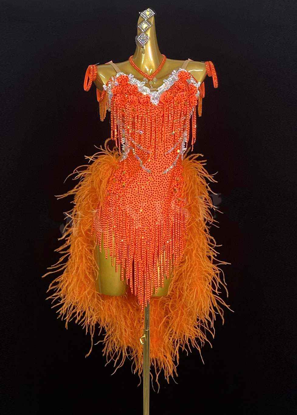 Custom Size Orange Feather Competiiton Latin Dance Dresses for Women Salsa Rumba Chacha Blackpool Tuxedo Latin Dance Costumes