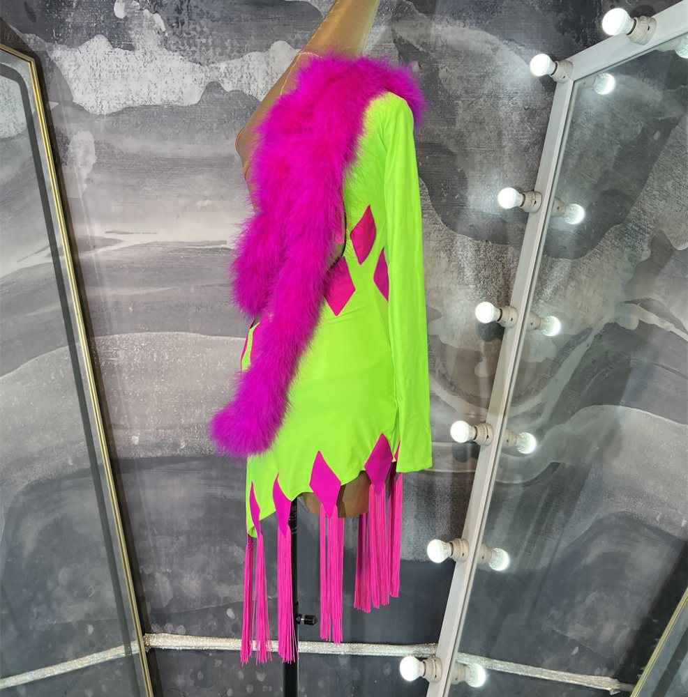 Custom Size Hot Pink Green Patchwork Latin Dance Dress Asymmetric Cutout Salsa Cha Cha Competition Costume