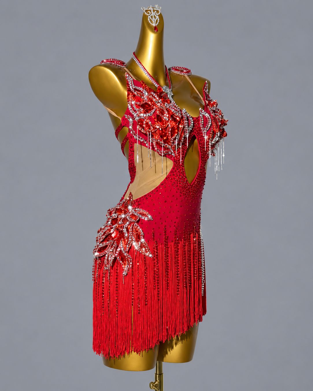Custom Blue Pink Latin Dance Dress with Crystal Petals Rumba Samba Competition Gown