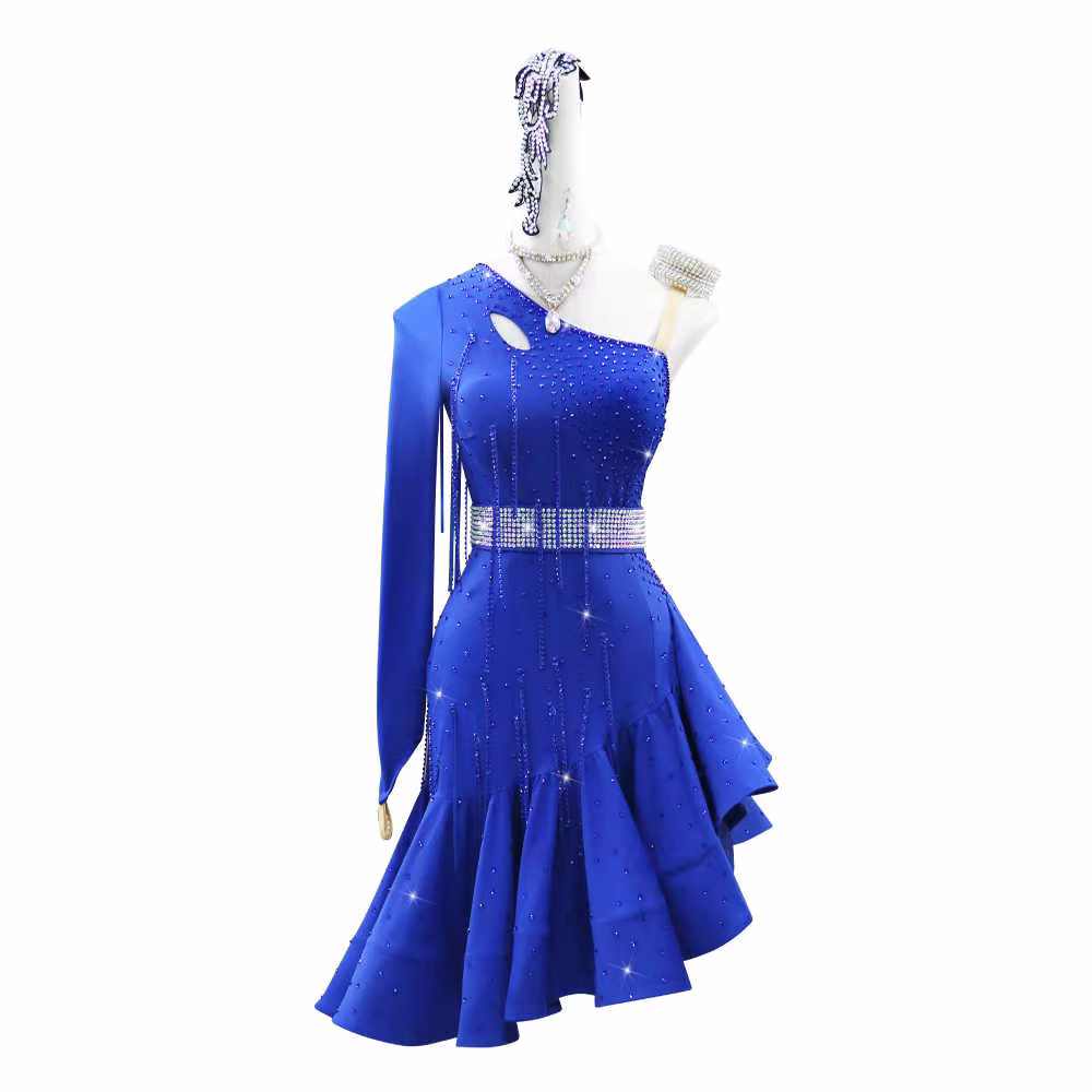 Custom Size One Shoulder Competition Latin Dance Dresses Sparkling Fringe Blue Red Black Salsa Rumba Latin Dancing Costumes for Women Girls Kids - Moderndancedress.com