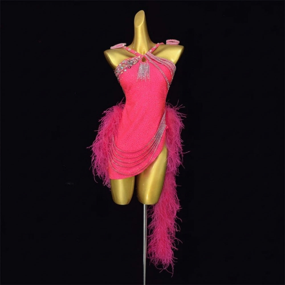 Custom Size Coral Pink Feather Competition Latin Dance Dress Blackpool Dancing Costume