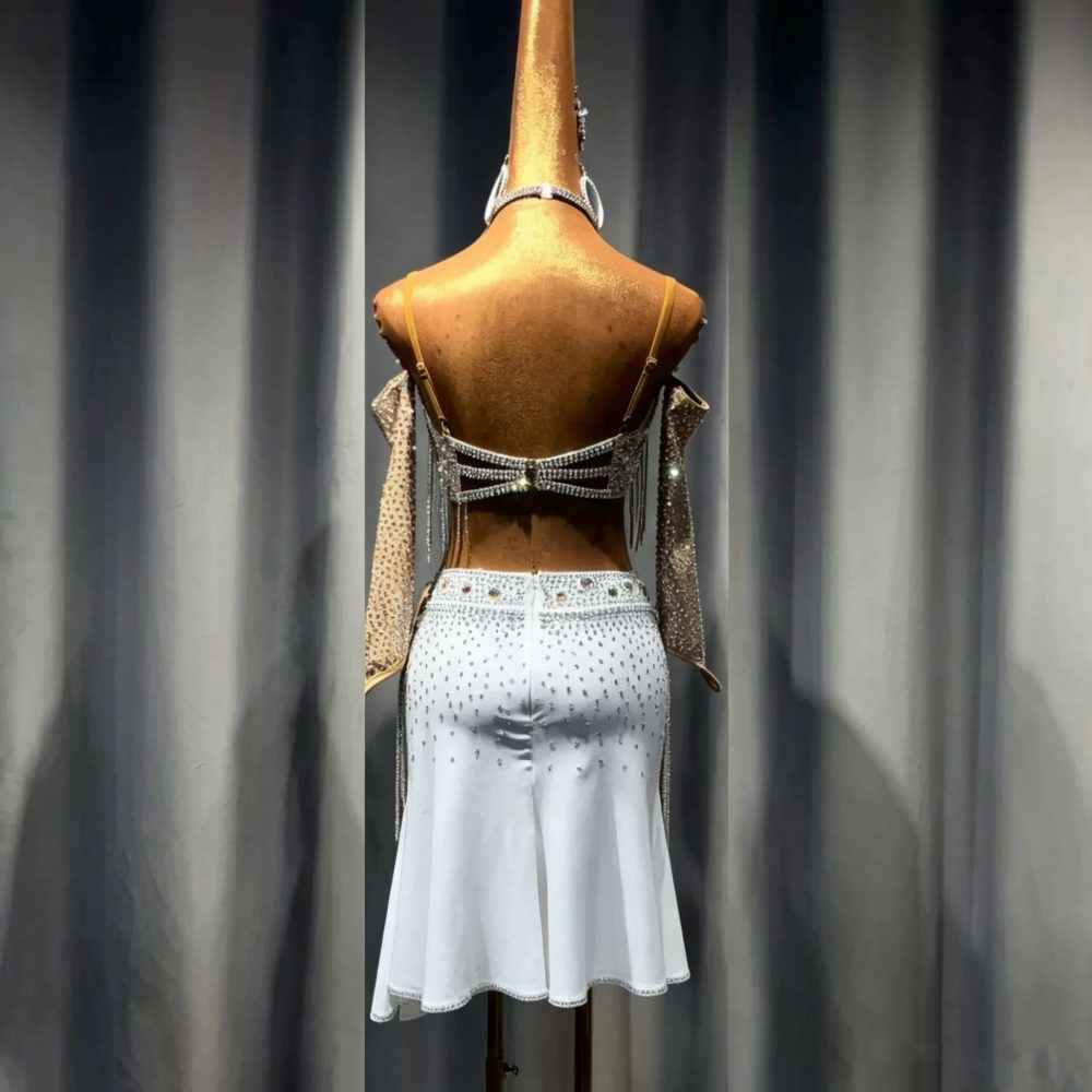 Custom White Two-Piece Latin Dance Dress Crystal Fringe Salsa Blackpool Competition Set