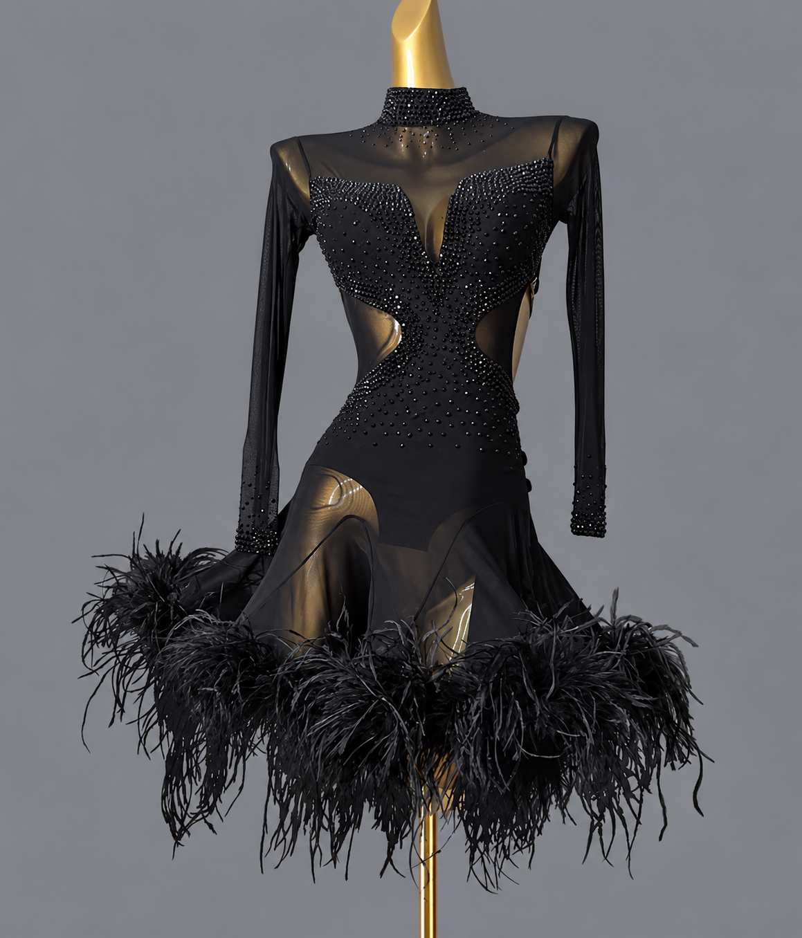 Custom Black Latin Dance Dress with Feathers & Crystals Salsa Chacha Competition Gown