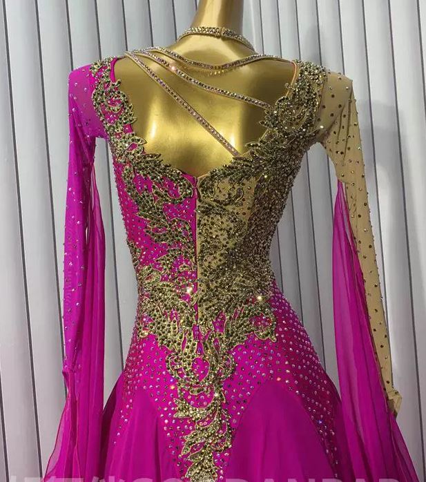 Customized Fuchsia with Gold Competition Ballroom Dance Dress Waltz Tango Foxtort Rhythm Dance Gown