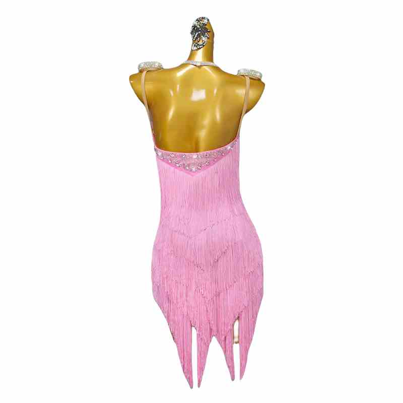 Professional Pink Latin Dance Dresses for Women Girls Contest Performance Costume Fringe Salsa Rumba Chacha Dancing Outfits for Female - Moderndancedress.com