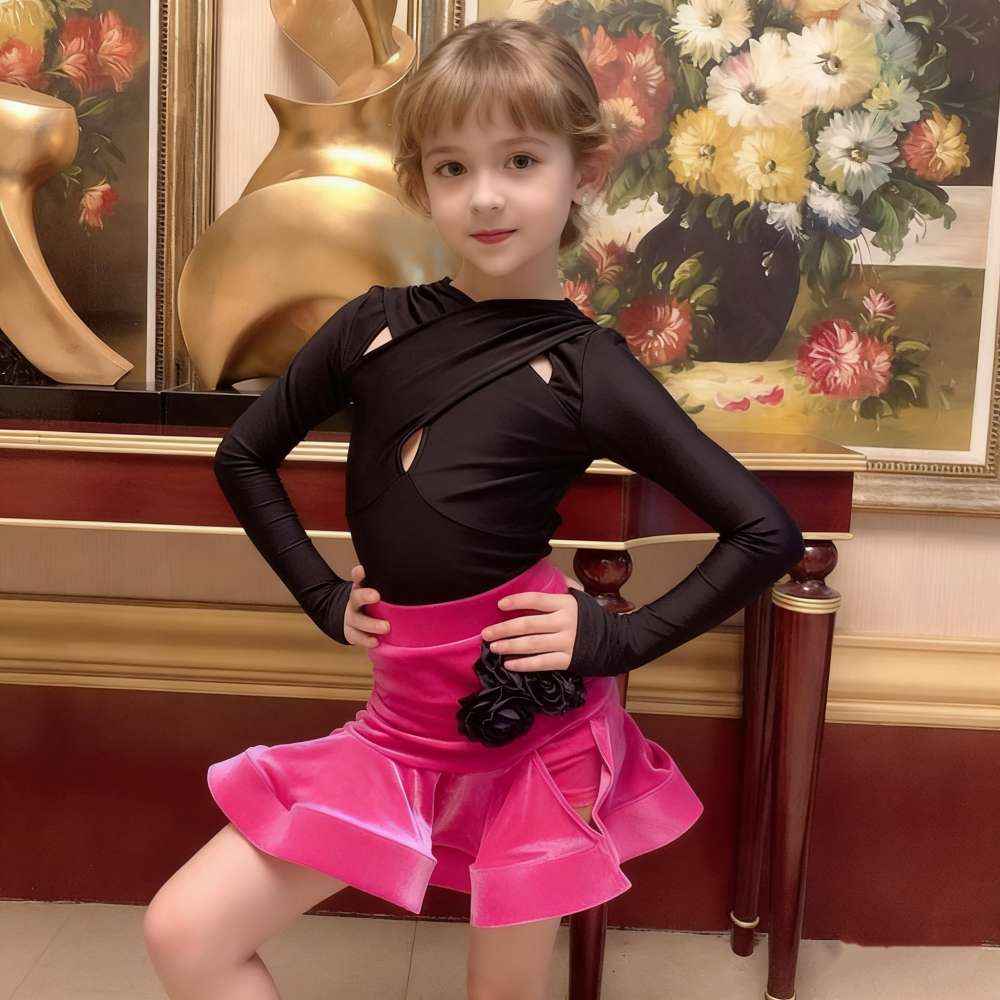 Girls Latin Dance Dresses Kids Hot Pink Velvet Skirts Salsa Rumba Chacha Performance Clothes Party Dance Costumes