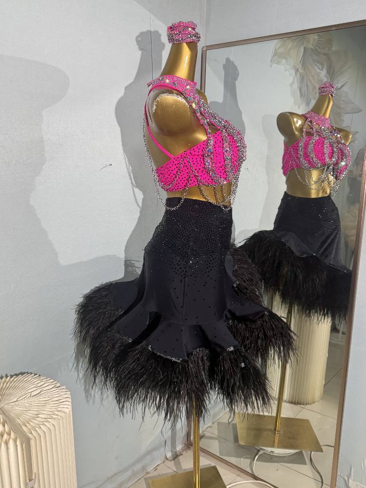 Custom Size Fuchsia with Black Competition Latin Dance Dresses for Women Girls Feather Salsa Rumba Chacha Dance Costumes