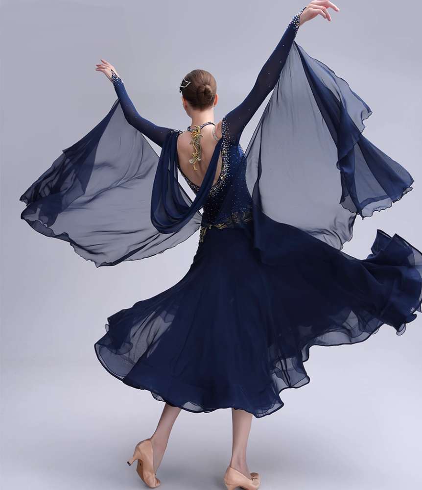 Custom Size Women's Ballroom Dance Dresses Navy with Gold Diamond Waltz Tango Rhythm Dance Gown - Moderndancedress.com