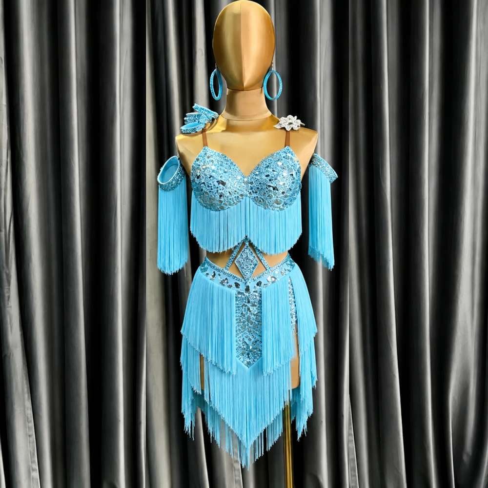 Custom Turquoise & Orange  Latin Competition Dress Sparkling Fringe Tassel Style