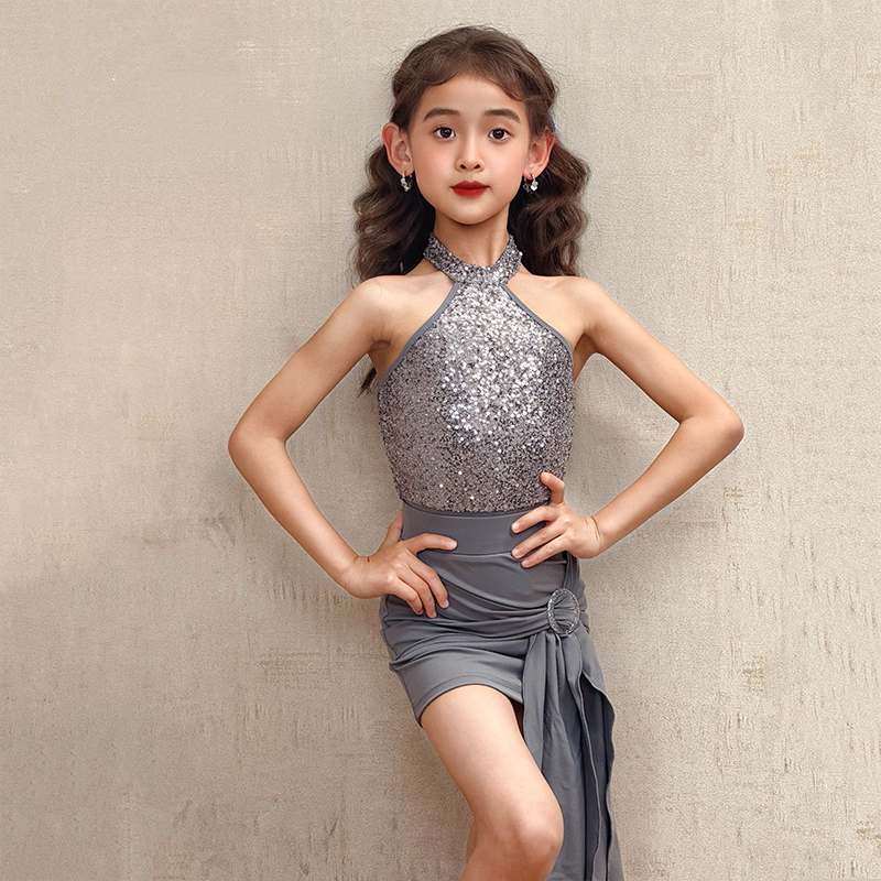 Girls Latin Dance Dresses Silver Blue Pink Sequins Irregular Skirt Party Salsa Latin Performance Costumes for Kids