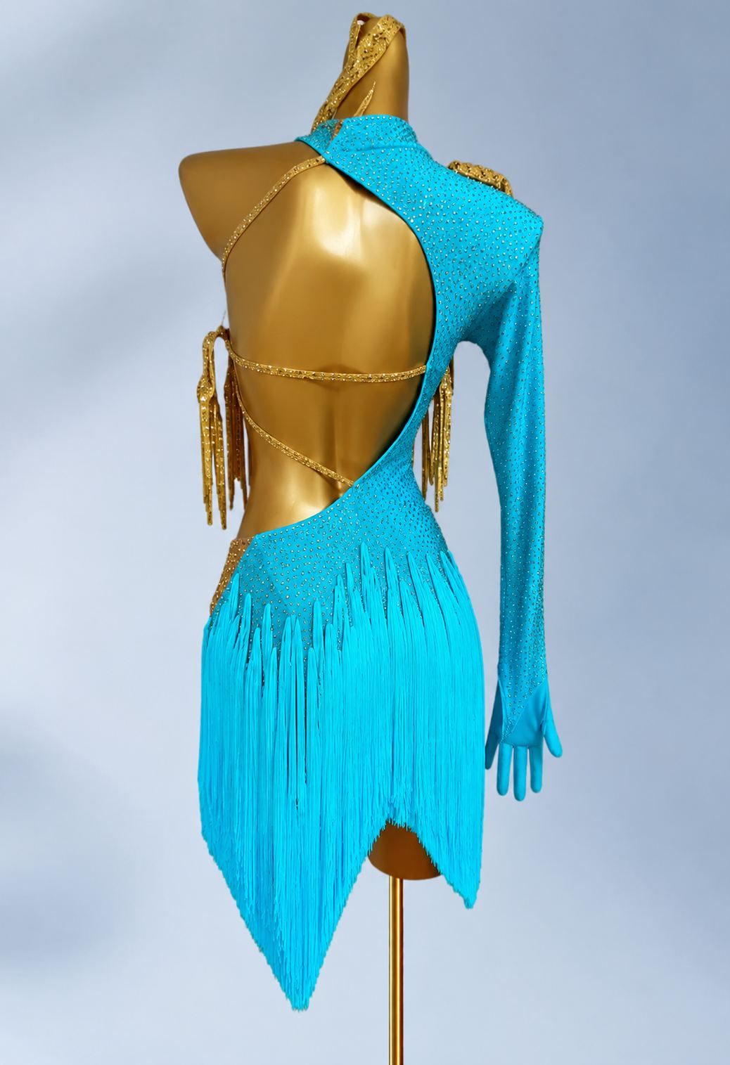 CustomTurquoise & Gold Fringe Latin Dance Dress Bling Salsa Chacha Dance Gown