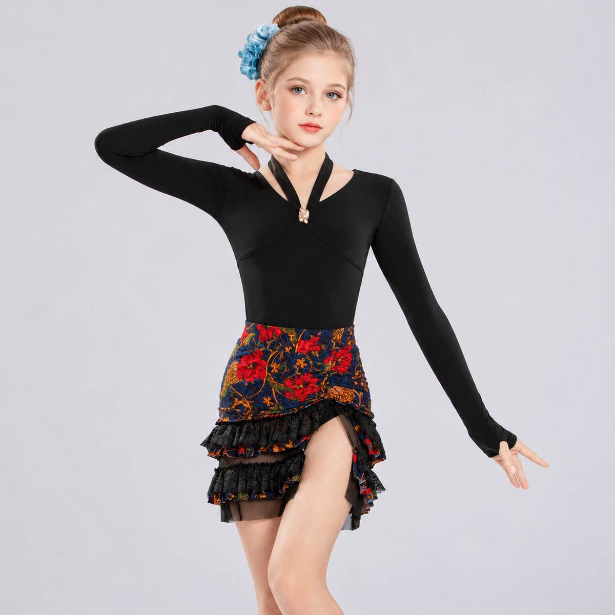Girls Latin Dance Dress | Kids Long Sleeve Halter Floral Salsa Costume