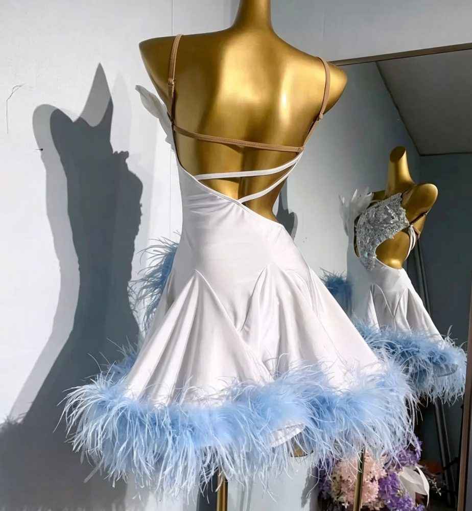 Custom Size Hot Pink Latin Dance Dress with Crystals & Feathers