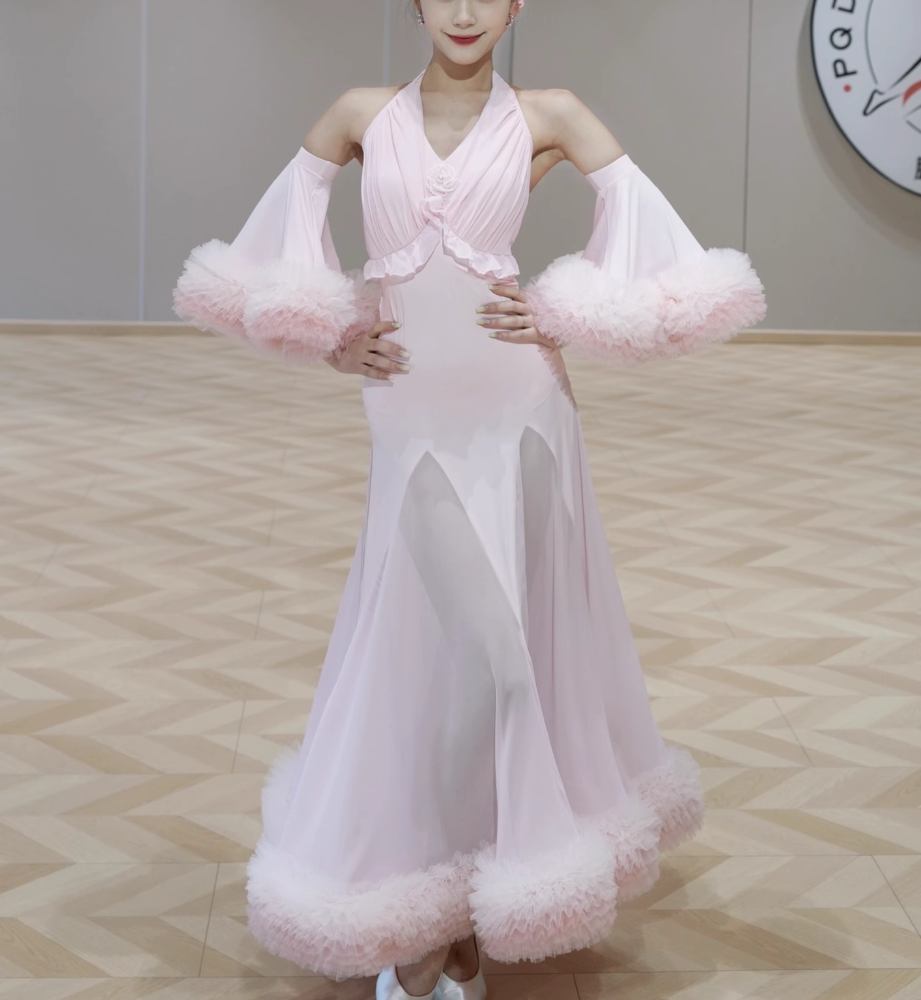 Blue Ballroom Dance Dresses for Women Girls Waltz Tango Foxtrot Dance Long Gown with Sleeves - Moderndancedress.com