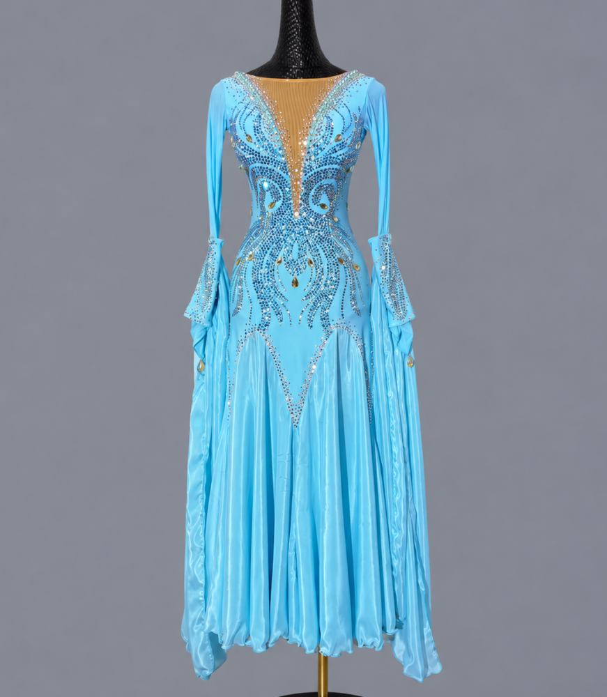 Custom Blue American Smooth Dress Ballroom Competition Gown
