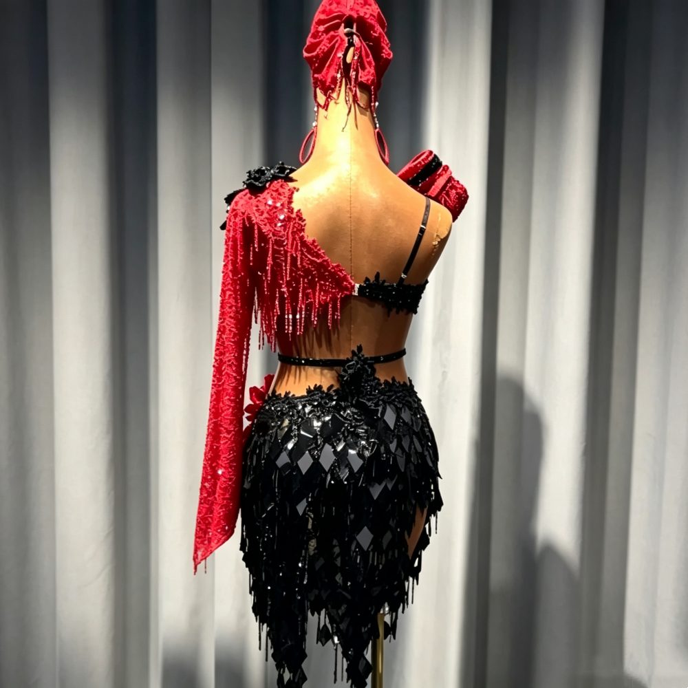 Custom Red & Black Lace Latin Dance Dress - Professional Paso Doble Costume