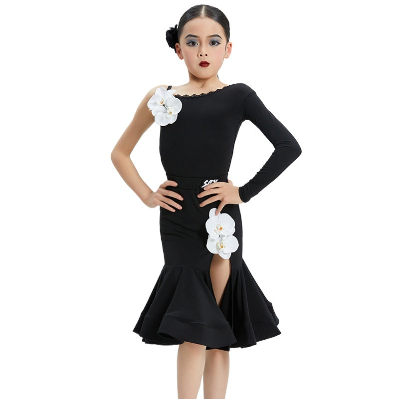Black Slant Neck Girls Latin Dance Dresses White Flowers Salsa Latin Ballroom Dance Costumes for Kids