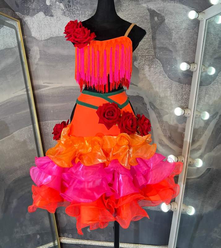 Custom Size Orange Fringe Competition Latin Dresses for Women Girls Rose Flowers Praise Salsa Rumba Cha Cha Samba Latin Costumes