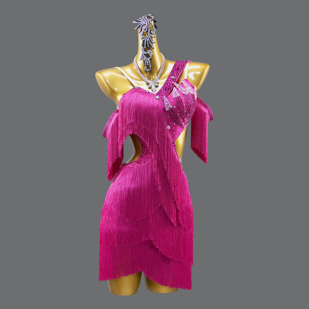 Hot Pink Fringe Latin Dance Dress - Professional Tassel Competition Wear