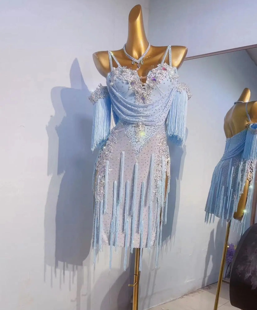 Custom Light Pink Latin Competition Dress with Draped Bodice & Rhinestone Fringe