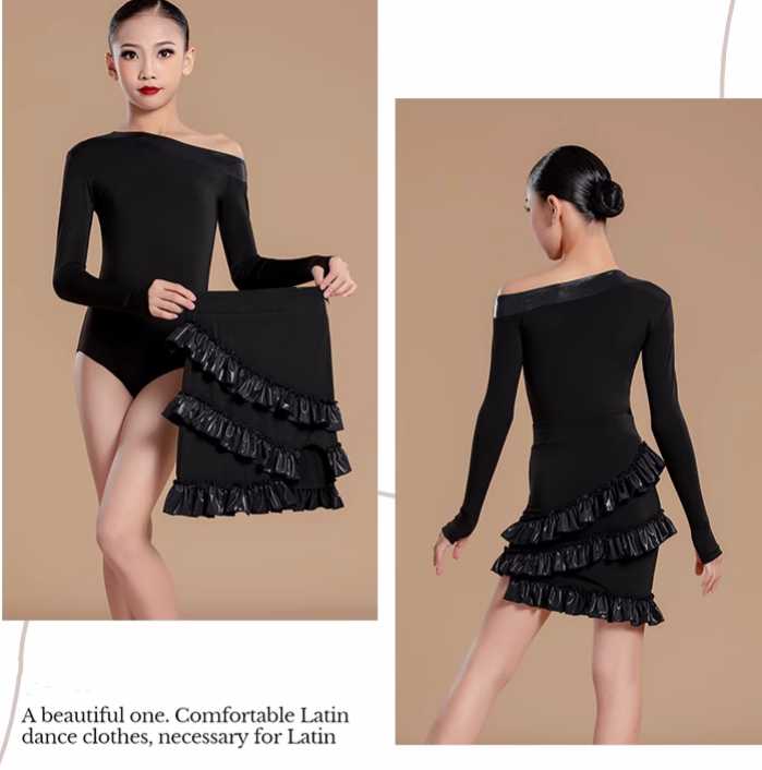 Black Slant Neck Ballroom Latin Dance Dresses for Girls Kids Salsa Rumba Chacha Long-sleeved Clothes Modern Dance Outfits for Children - Moderndancedress.com