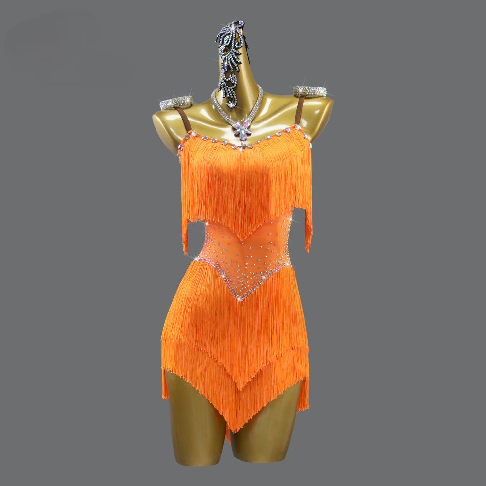 Adult Orange Latin Dance dresses women girls tassels salsa rumba chacha Contest Performance Costume Art Examination solo skirt - Moderndancedress.com