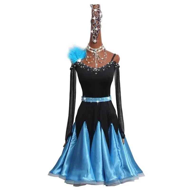Turquoise Blue Latin Dance Dresses for Women Girls Dew Shoulder Salsa Rumba Chacha Rhinestones Perform Costumes