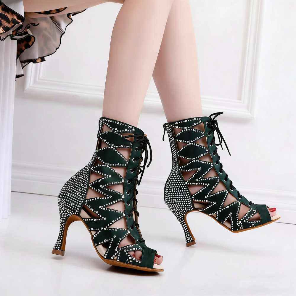 Women Latin Dance Shoes Dark Green Jazz Latin Perform Boots High-top Soft Soles